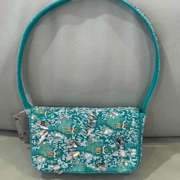 Handcrafted in India Beaded Bag Teal & Silver Fish Sequin Shoulder Bag NWT